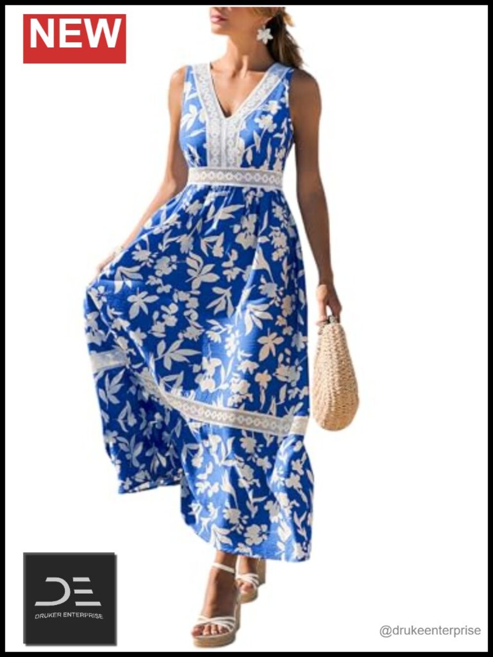 Floral Maxi Dress V Neck Lace Trim Sleeveless A-Line Summer Beach Vacation